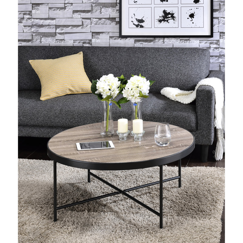 Table basse à garniture en métal et bois rond aspect bois de chêne gris patiné