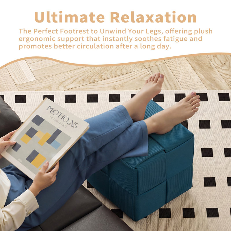 Ottoman Foot Rest Soft And Comfortable Ottoman Square Corduroy Woven Design Sofa Stool, Blue