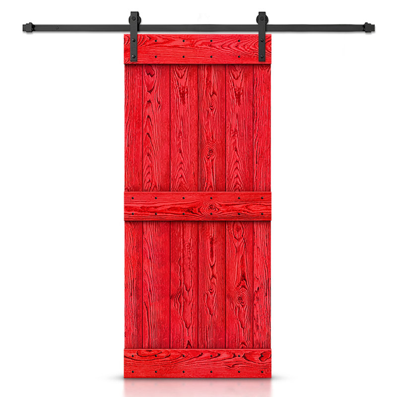 Porte de grange à panneaux en bois et en métal avec trousse de quincaillerie d'installation, Rouge, 36 po x 84 po