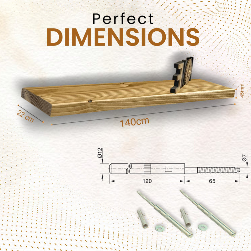 Shelf | Wall-Mounted Wooden Board With FLOATING Brackets, 4.5cm H x 130cm W x 22cm D, Rustic Pine