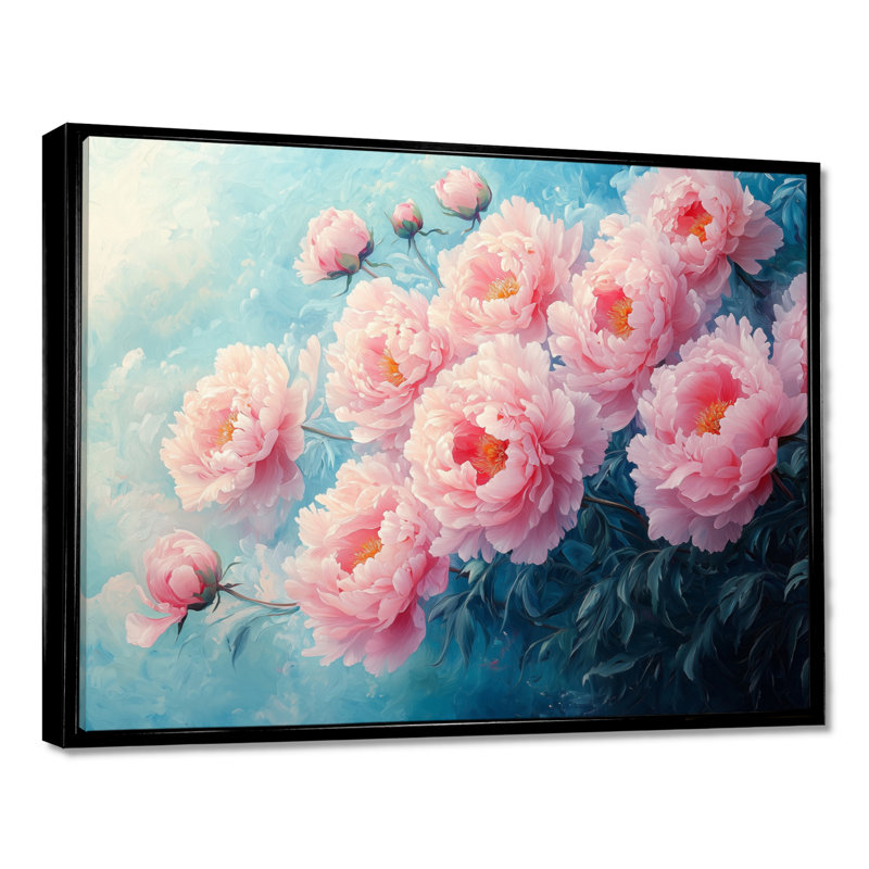 Rose, rêve de pivoines I - pivoines, art mural, H 12 po x l 20 po, Cadre flottant noir