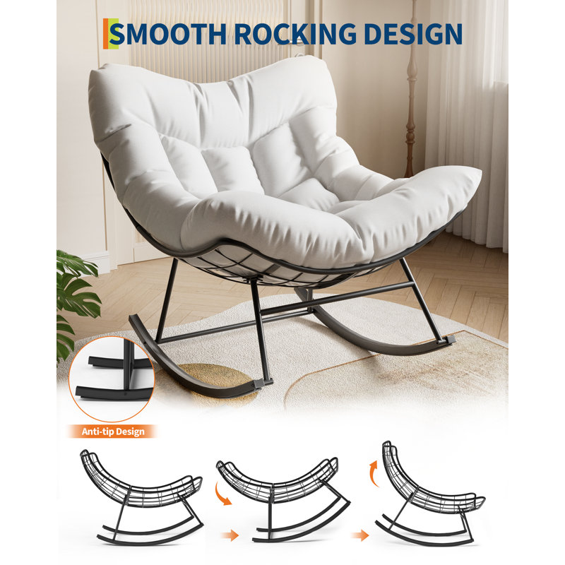 Outdoor Papasan Rocking Chair, Oversized Lounge Chair with Sturdy Metal Frame, Patio Rattan Rocker for Balcony Backyard Porch Bedroom