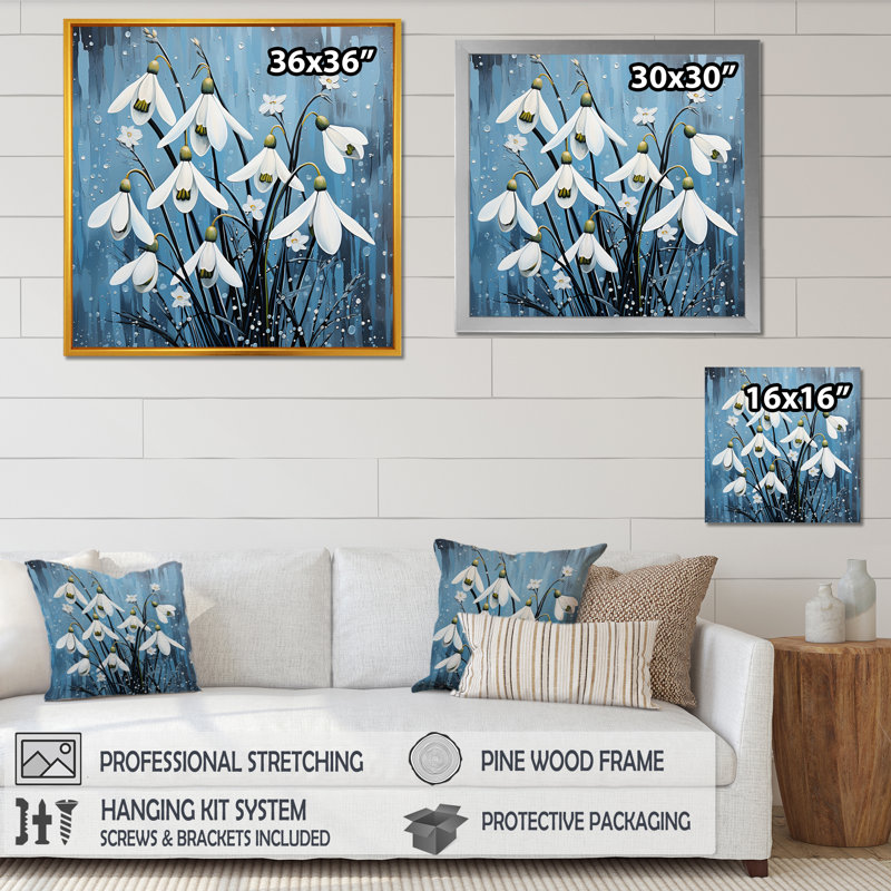 " Minimalism Blue And White Snowdrops Bloom II ", Silver Single Picture Framed, 24" H x 24" W x 1" D