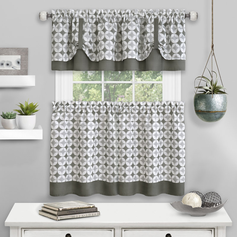 Mortensen Geometric Tailored Kitchen Curtain, Gray, 58" W x 36" L
