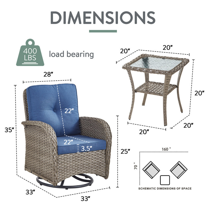Fauteuil oscillant pivotant en osier avec coussins et table d'appoint Keywest, Bleu