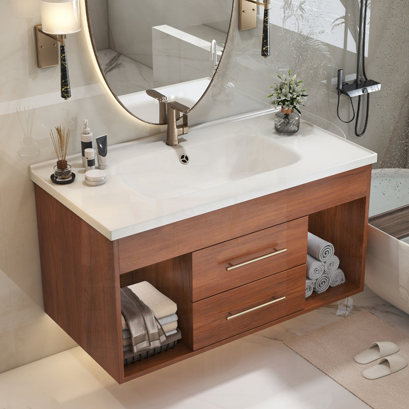 Meuble-lavabo simple de style moderne Mid-Century avec lavabo encastré en céramique intégré, parfait pour les espaces compacts et élégants.
