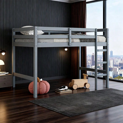Solid Wood Twin Loft Bed with Ladder, Reinforced Slat Support, Grey Rubber Wood Frame