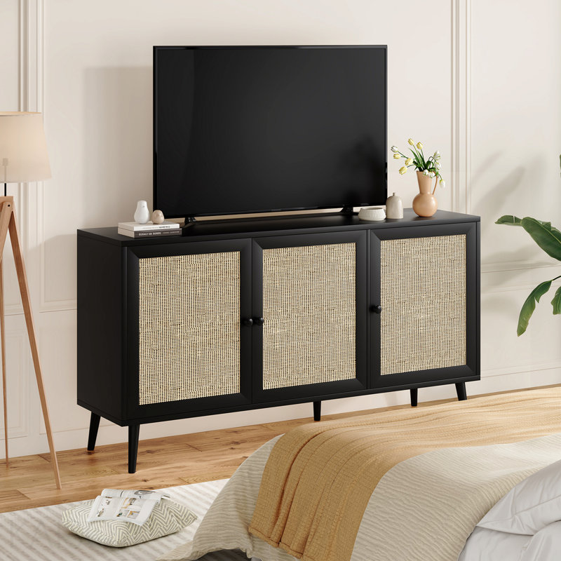 Buffet avec 3 portes en rotin et armoire de rangement moderne, Noir