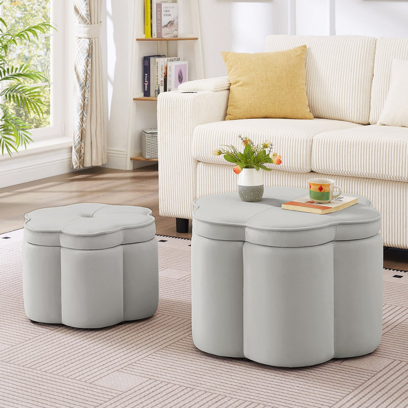 Ensemble de 2 repose-pieds avec rangement, repose-pieds capitonné en forme de fleur et repose-pieds en velours, Gris
