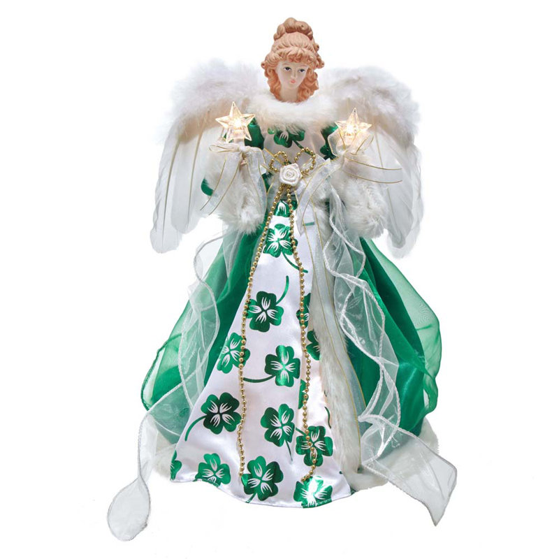 16-Inch Green and White Irish Angel Tree Topper with Lights