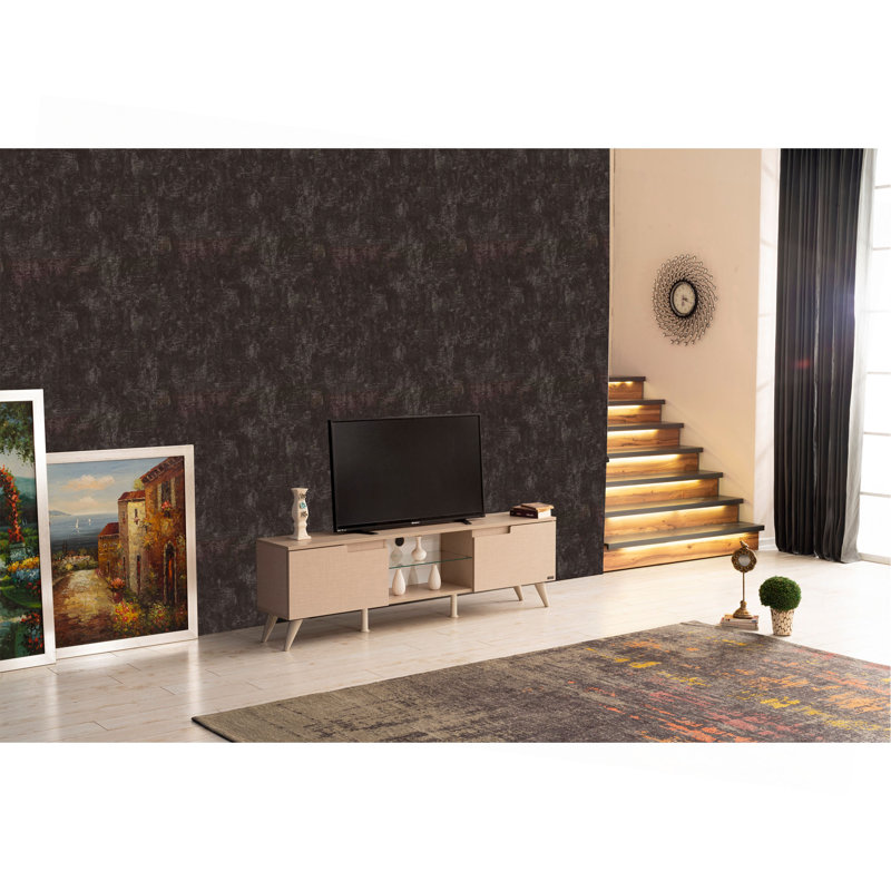 Meuble télé luxueux et élégant de style Mid-Century moderne avec portes et tablettes coulissantes, un ajout à votre installation de divertissement à domicile.