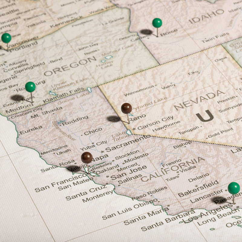 USA Push Pin Travel Destination Map, Pinable Canvas W/ Wood Fibre Backing, Desert Sunrise Style (Push Pins Included; Ready To Hang)