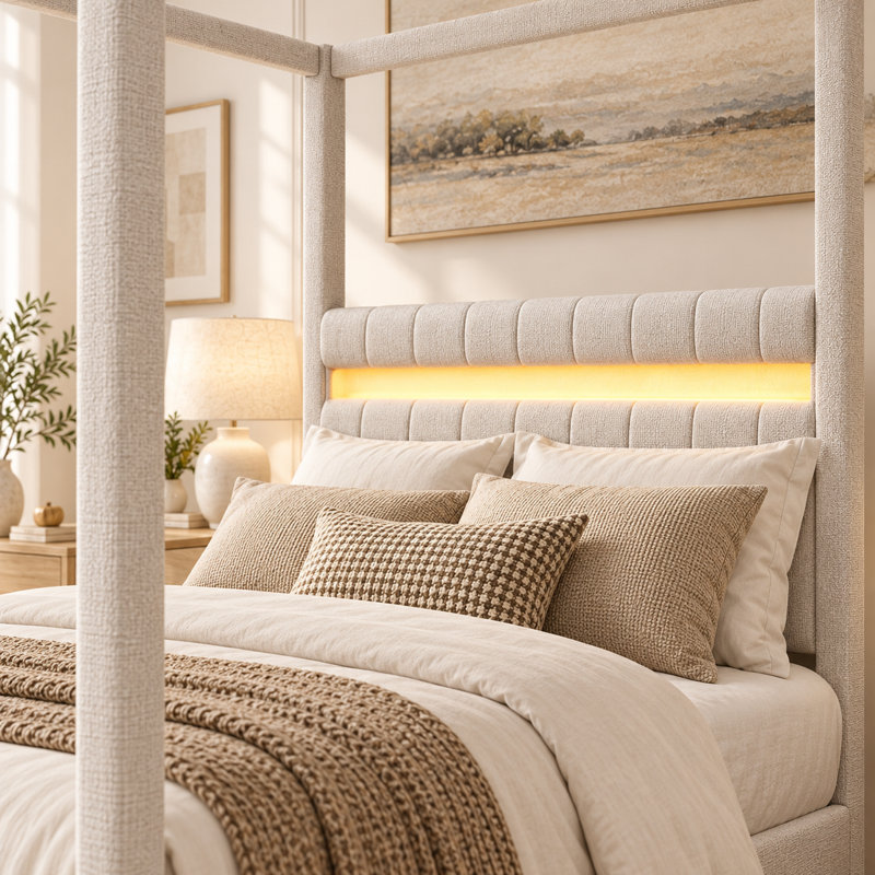 Lit plateforme Trundelle Queen à baldaquin capitonné beige avec lit gigogne simple, 3 tiroirs de rangement, tête de lit rembourrée, deux bandes DEL à la tête et au pied de lit, cadre à baldaquin