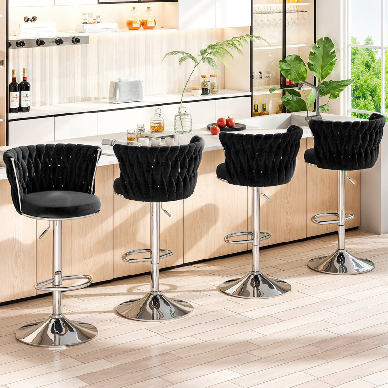 Ensemble de 2 chaises de bar noires: dossier tissé, hauteur réglable, rotation à 360 degrés, repose-pieds stable, base circulaire en métal