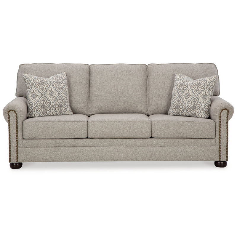 Canapé Gael, polyester gris beige, garniture cloutée brun foncé 87 po