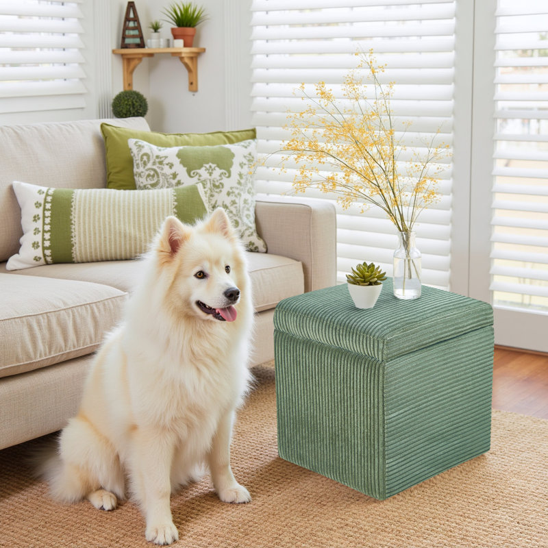 16.5" Corduroy Storage Ottoman With Flip-Top Lid, Upholstered Small Bench For Entryway, Bedroom, Or Living Room, Green