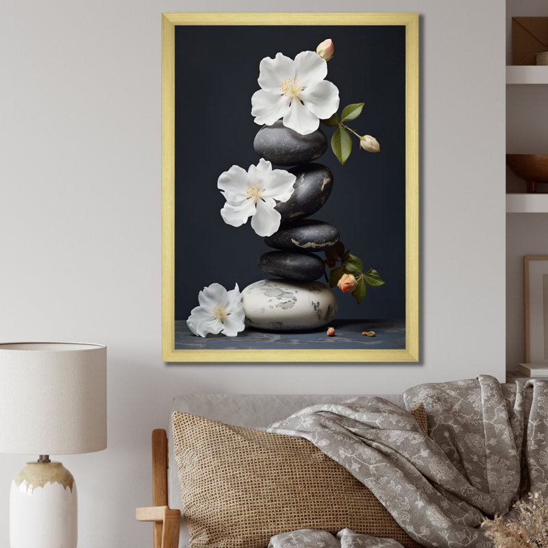 Décoration murale zen sérénité fleurs blanches pierre noire Cairn I - Pierre spirituelle, H 32 po x l 16 po x P 1 po