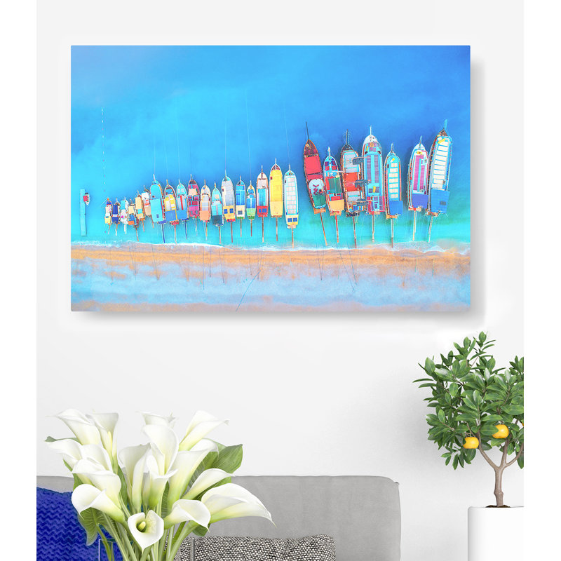 Klag, bateaux colorés dans une rangée d'en haut - reproduction d'art sur toile tendue, H 26 po x l 50 po x P 1,5 po