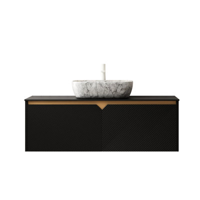 47.88-Inch Deep Bathroom Vanity & Sink Option, Plywood Storage Cabinet, Marble Pattern Ceramic Basin, Black Sintered Stone Counter, Twill Double Doors With Metal Decor 48" Composition, Countertop