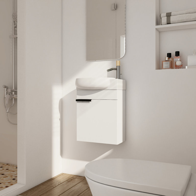 Meuble-lavabo de 16 po avec lavabo en céramique, fermeture en douceur, fixation murale pour petite salle de bain de 16 po, portes fermées, structure
