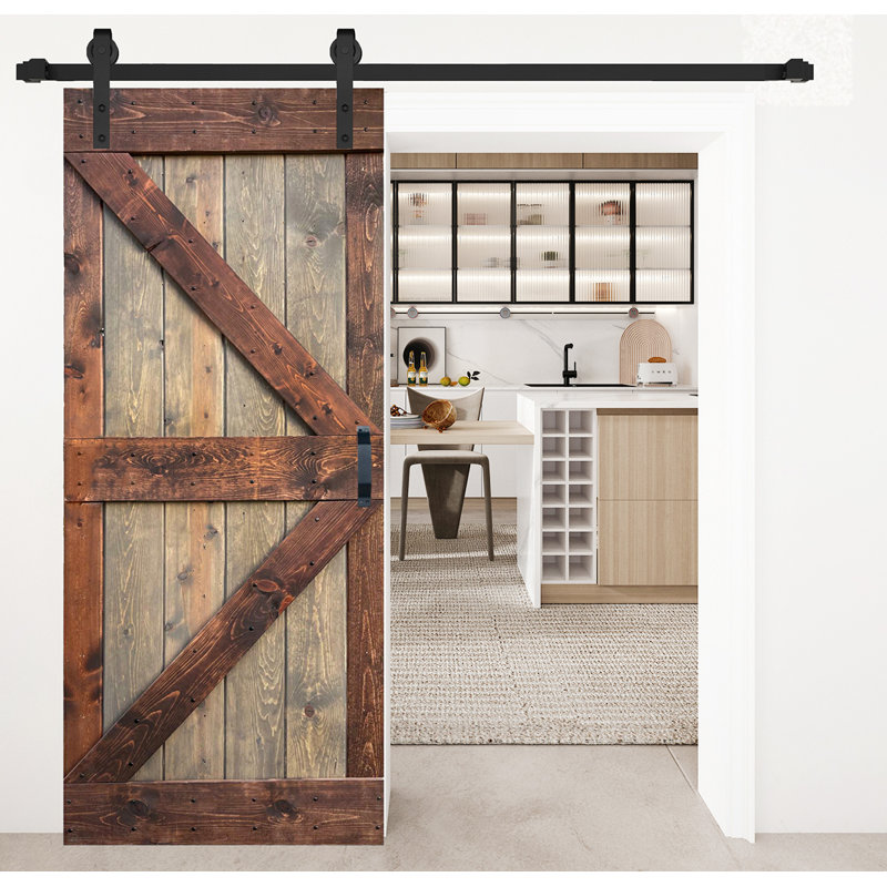 K Style 30in x 84in Knotty Pine Sliding Barn Door with Black Hardware