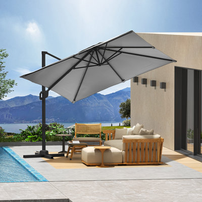  Parasol de patio en porte-à-faux 10 x 10 pi robuste avec base - grand parasol de marché carré décalé - Cadre en aluminium rotatif à 360 ° - Protection contre les rayons UV et le vent - Terrasse, piscine, cour arrière - Gris