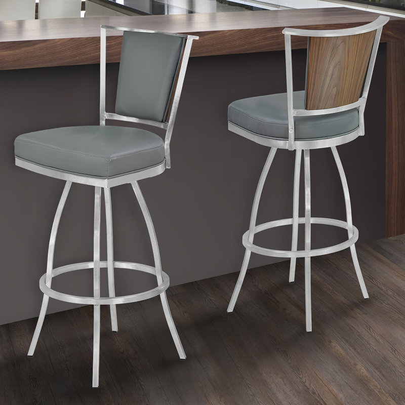 Tabouret de bar de 26 po de hauteur comptoir en similicuir gris avec finition en acier inoxydable brossé et dossier en placage de noyer