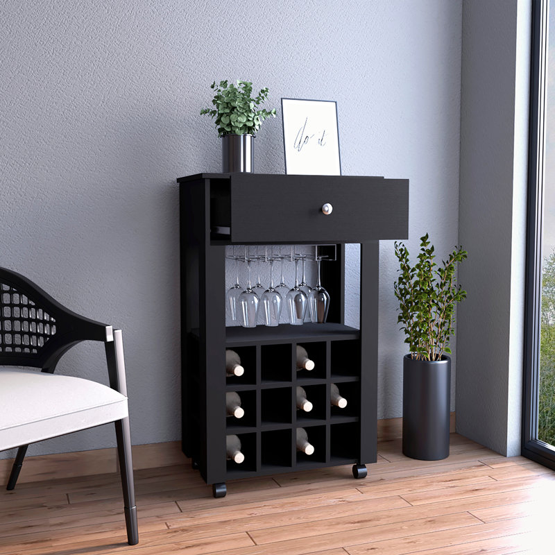 Modern Bar Cart, Twelve Built-in Wine Rack, Four Legs, One Open Shelf -Black, Black