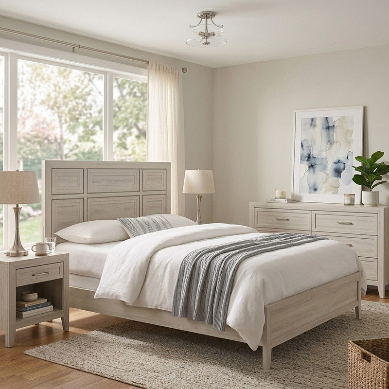 Wood Panel Bed with Recessed Detailing, Queen