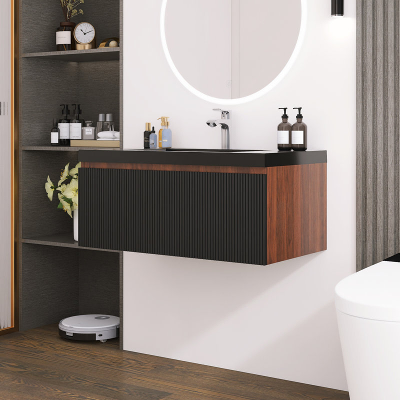 Meuble-lavabo moderne à rayures avec lavabo simple, 35"