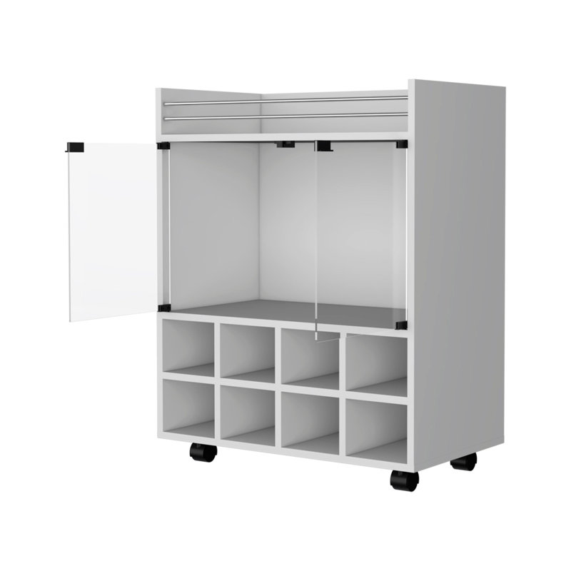 Chariot-bar blanc avec 8 portes et double porte en verre avec roulettes lisses