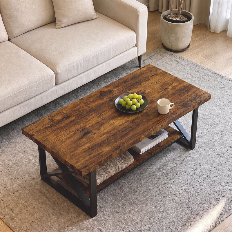 120cm 2-Tier Industrial Coffee Table - Irregular Wood Top, 4cm Thick & Black Steel Frame