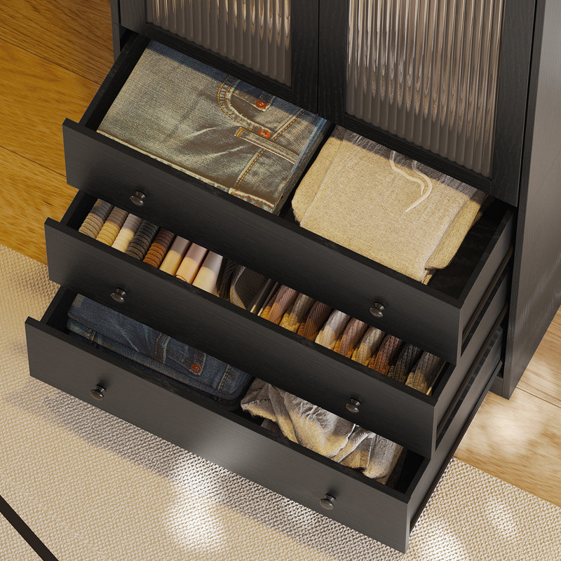 Armoire moderne 20 po x l 94,5 po x H 71 po avec portes à fermeture douce - garde-robe en verre cannelé avec tablettes et tiroirs