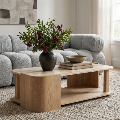 Table basse Delorenzo en marbre beige et bois de chêne naturel