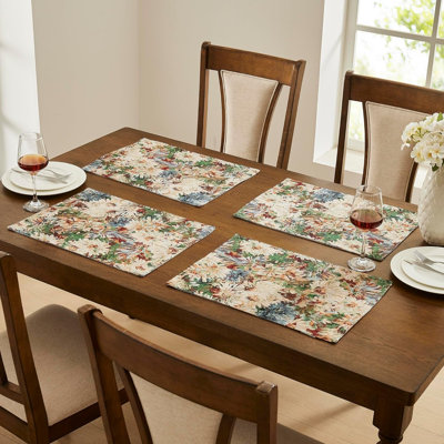 4 Luxury Jacquard 19 Inch Table Placemats Embroidered With Mums Flower Design For Easter, Thanksgiving, Or Christmas Table Decor. Pack of 4.