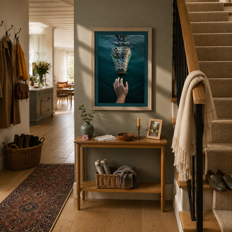 Hand and Crocodile Modern - Framed Print, Oak, A4 - 29.7 x 21.0 cm