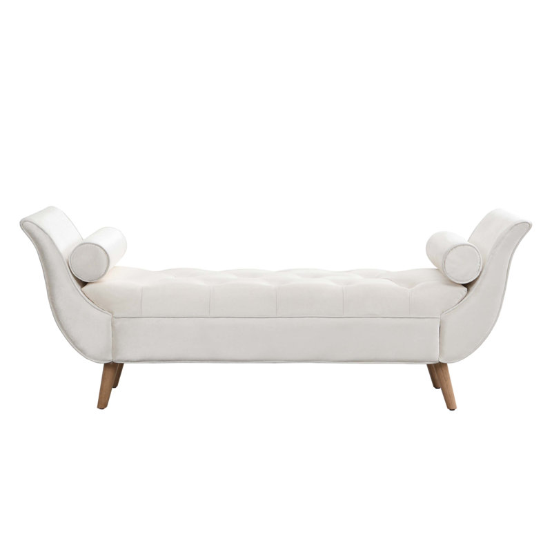 Upholstered Velvet Bench, Beige, Oak