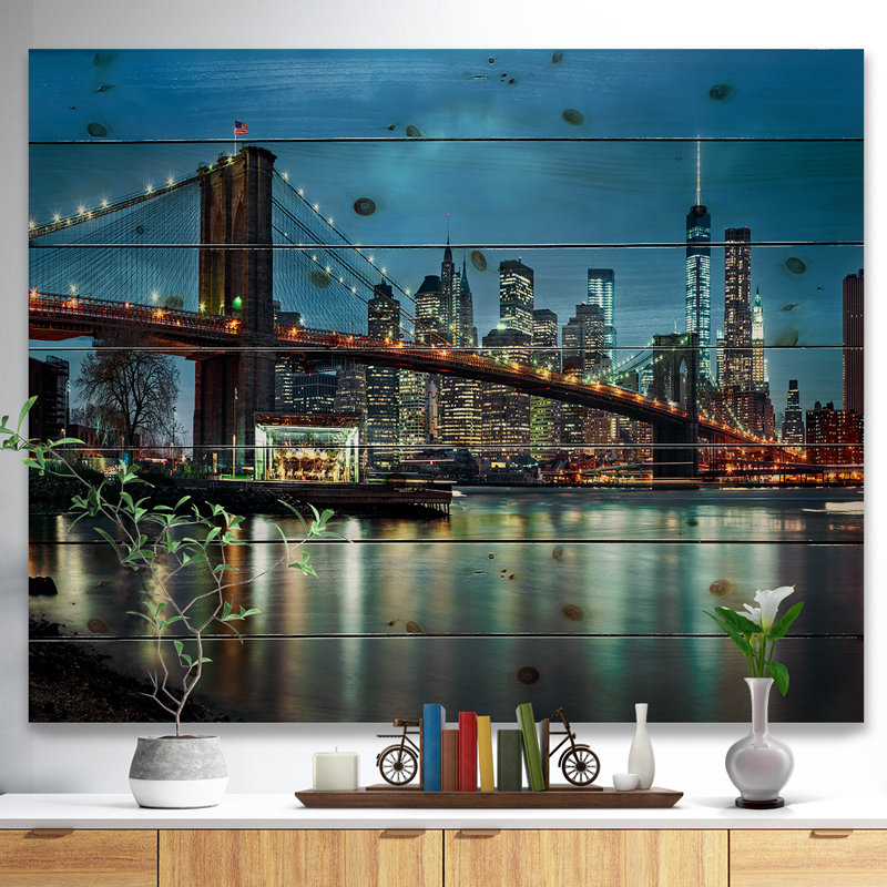 Paysage urbain «Brooklyn Bridge and Skyscrapers» - impression, H 30 po x l 40 po x P 1,5 po, Bois