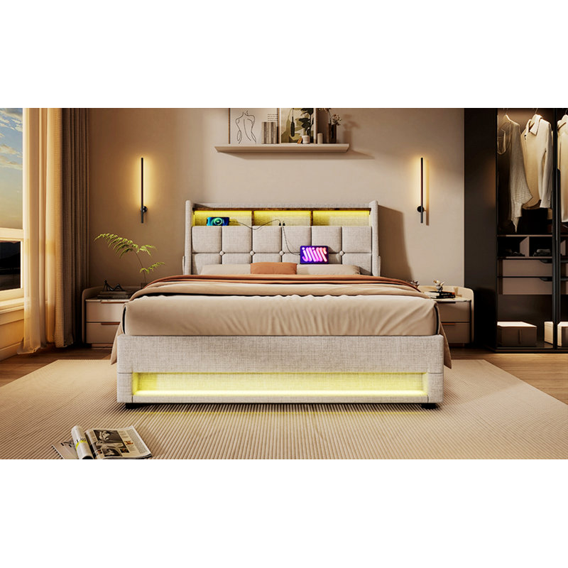 Lit élégant pour appartement, chambre d'amis, lit plateforme tapissier avec système de rangement hydraulique, charge DEL et USB