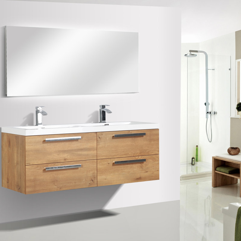 Zakis 57" Wall-Mounted Double Bathroom Vanity Set, Natural Oak