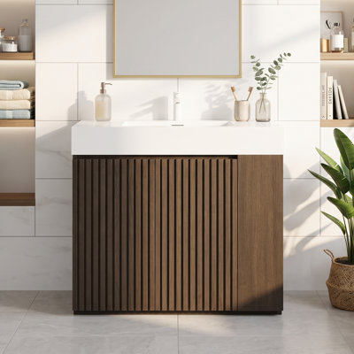 Meuble-lavabo de 36 po en contreplaqué avec lavabo à surface solide blanc, armoire simple en chêne fumé avec tablette latérale, grand rangement sans drain et robinet