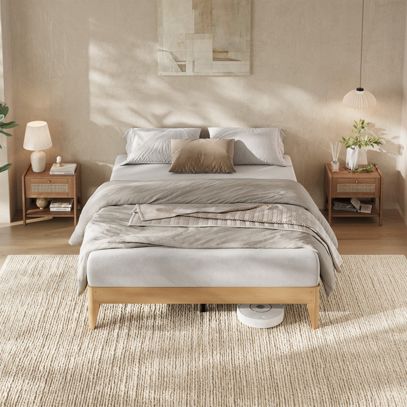 Base de lit plateforme en bois, pieds en bois et support central en métal robuste, lattes en bois, aucun sommier requis