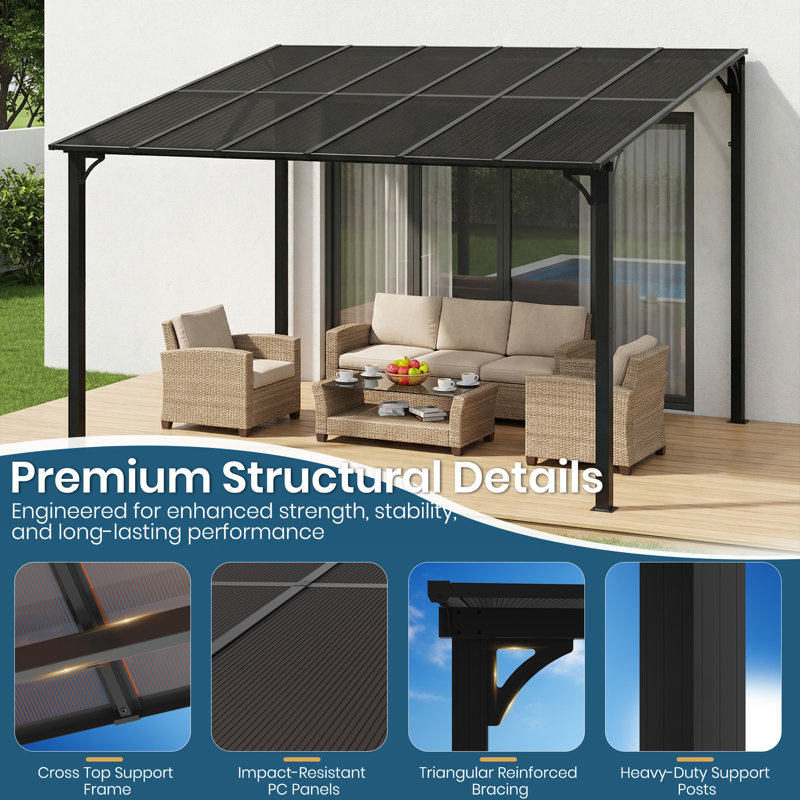10' X 12' Wall-Mounted Gazebo With Polycarbonate Roof Panels And Aluminum Frame, Lean-To Patio Cover For Backyard Or Porch