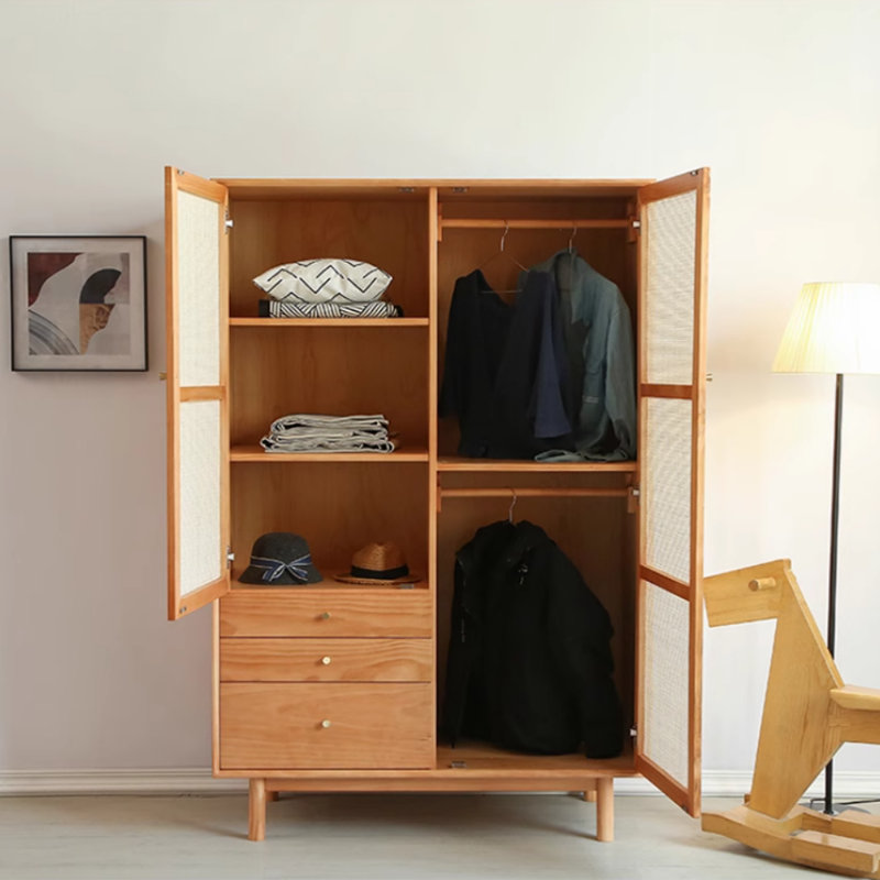 Simple Solid Wood and Rattan Woven Wardrobe
