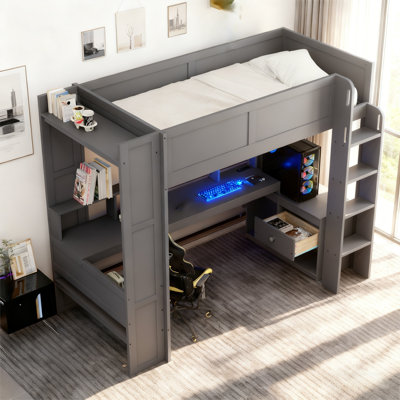 Lit mezzanine avec bureau intégré, bande lumineuse à DEL, station de charge, tablettes et tiroirs à rangement multiple, structure en bois massif