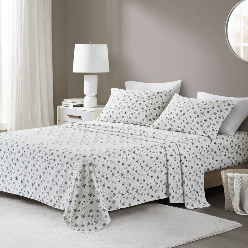 Drap de très grande taille 4 pièces avec flocons de neige noirs, flanelle 100% coton, dimensions luxueuses surdimensionnées jusqu'à 18 po, douceur supérieure du tissu brossé, drap-housse entièrement élastiqué, pré-rétréci, comprend un drap plat