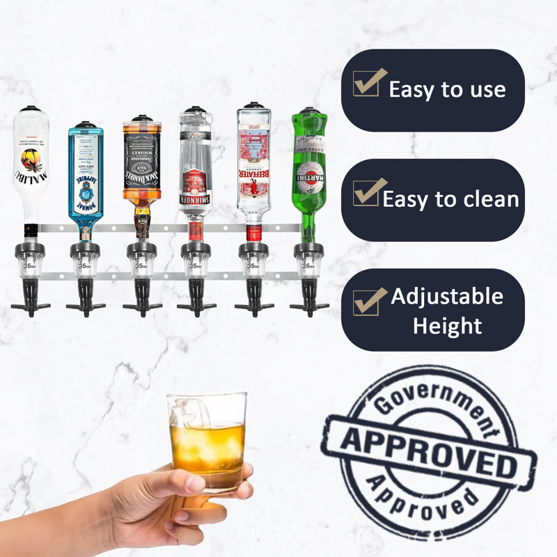  Black 6 Bottle Wall Mounted Bar Rail & 35ml Spirit Optics, UK Made, Fits 70cl–1.5L Bottles