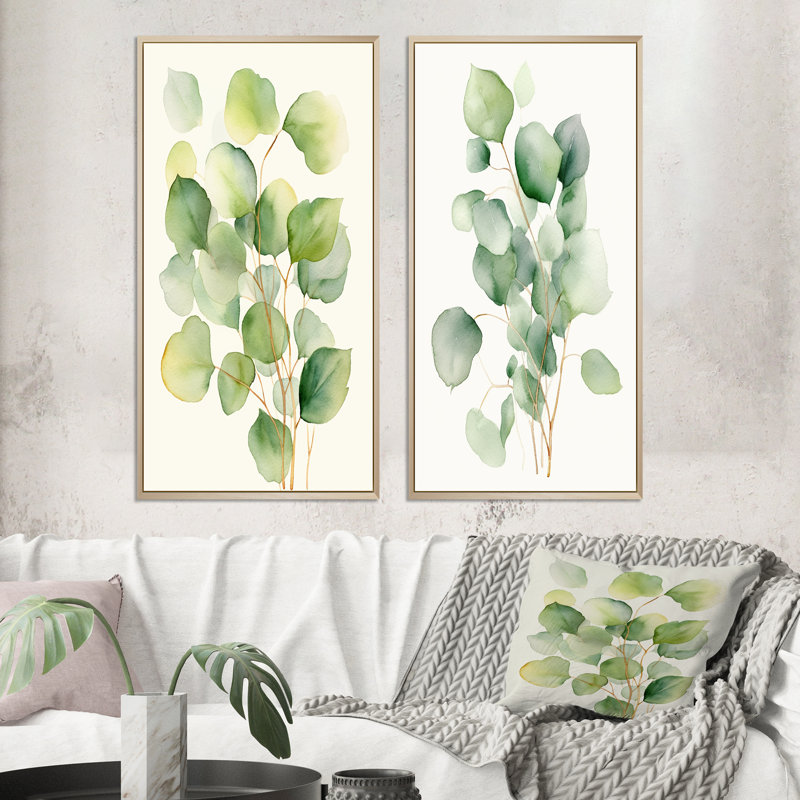 «White Green Minimalisme» Eucalyptus Essence VI - ensemble d'art mural floral de 2 pièces, Encadrement brun