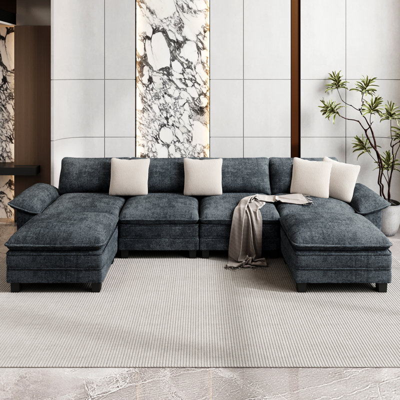 Sofa & Chaise, Cyan Chenille, 6