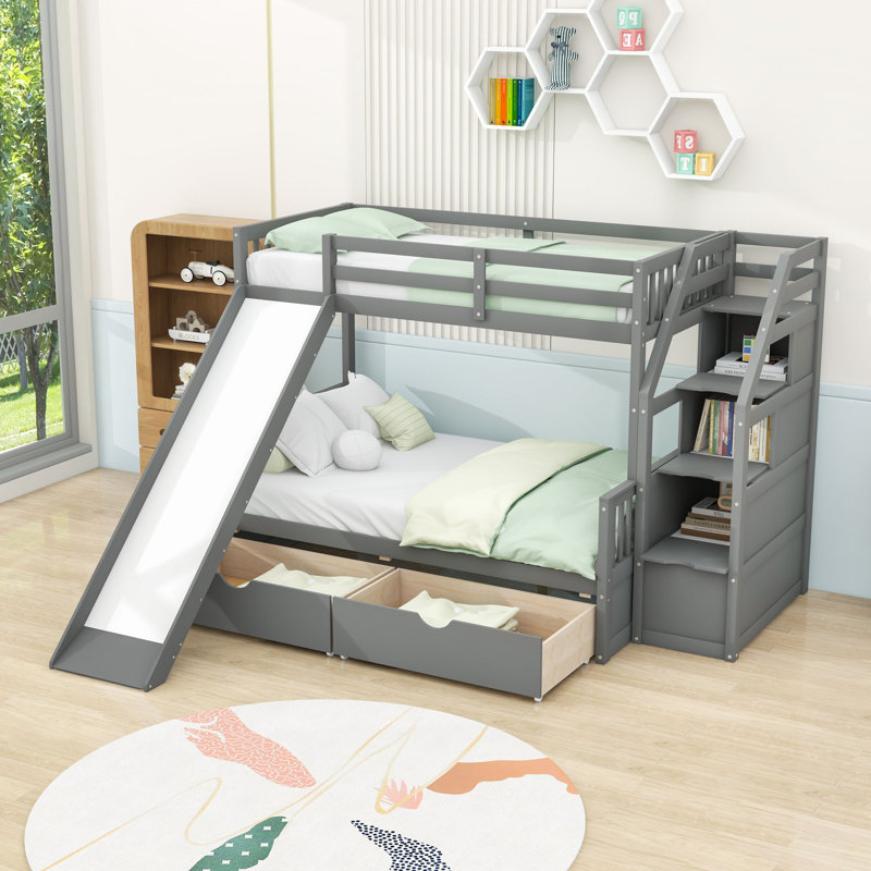 Lit superposé simple au-dessus de double à 2 tiroirs avec glissière et escalier de rangement, Gris